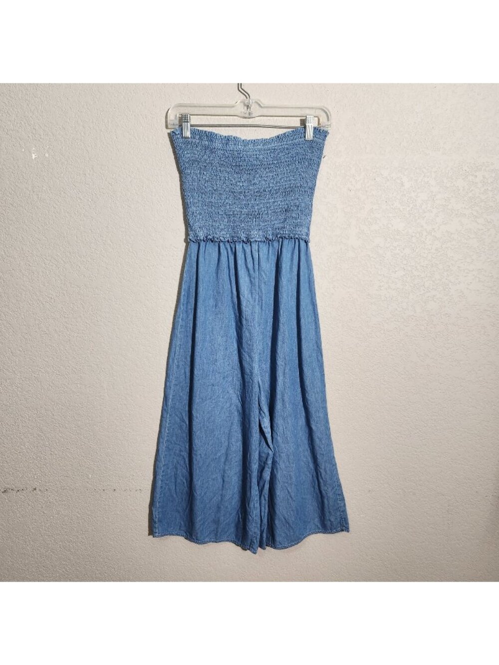 Iris Blue Jumpsuit Strapless Smocked Medium Lightweight Denim